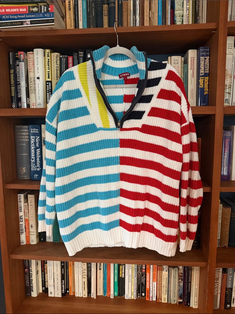 STAUD Hampton Women’s  Striped Half-Zip Sweater in Blue, Red & White